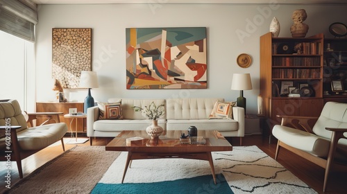 Mid century modern living room, decoration furniture minimalist and colorful. Copy space for your text, stylish background