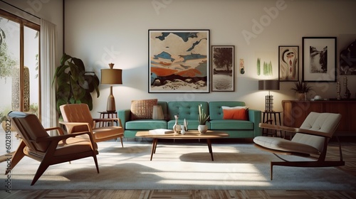 Mid century modern living room, decoration furniture minimalist and colorful. Copy space for your text, stylish background