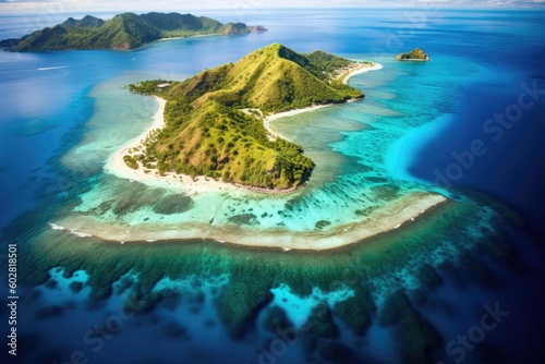Aerial View of Fiji Island Scuba Snorkeling Diving in Paradise, with Beaches and Tropics in the Pacific Ocean, Stunning Scenic Seascape Wallpaper, Coral Reef and Marine Life, Generative AI