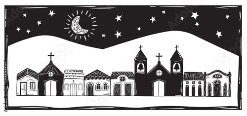 Village of simple houses and small church, night with moon and stars in the interior of Brazil, woodcut vector, in the Cordel style of the Brazilian Northeast