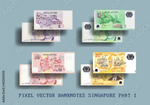 Set of vector pixel mosaic Singapore banknotes. The denominations of the bills are 2, 5, 10 and 20 dollars. Part one.