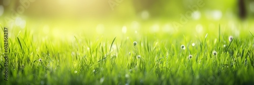 A fresh spring sunny garden background of green grass and blurred foliage bokeh, grass with dew, green grass background, green grass in the morning, Generative AI