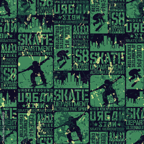 Splatted urban skateboarding silhouette wallpaper vector seamless pattern for kids street wear grunge effect in separate layers 