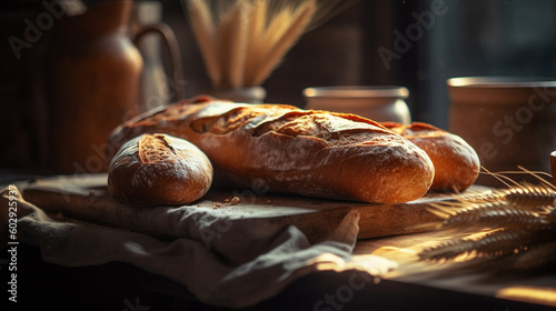 Homemade baked baguette bread on kitchen table. Freshly breakfast bakery food. Generative AI