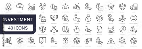 Investment line icon set. Investment, Profit, Asset, Investor, Portfolio, Dividend, Capital, Risk, Inflation icons vector