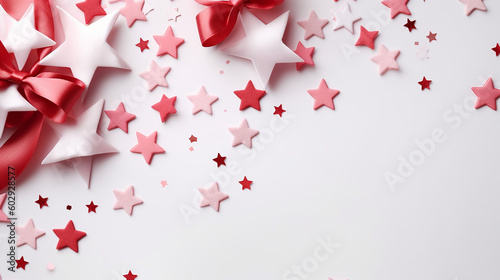 Festive background. Shining stars on white background. Christmas. Wedding. Birthday. Happy womans day. Mothers Day. Valentine Day. Flat lay, top view, copy space