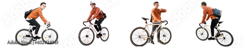 A man riding a bicycle in a helmet to work with a briefcase, transparent background, png.