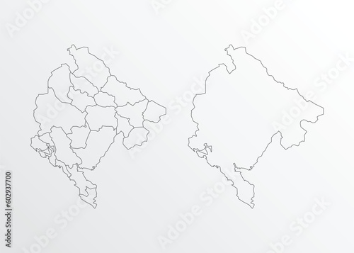Black Outline vector Map of Montenegro with regions on white background