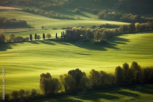 Pastoral green field, tuscany landscape with field and hills (Ai generated)