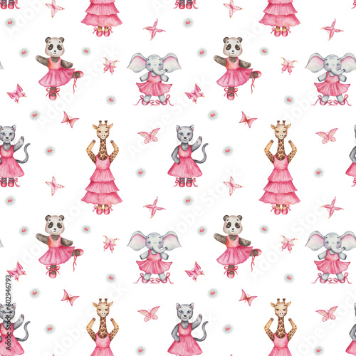 Watercolor seamless pattern. Hand painted illustration of cartoon elephant, panther cat, panda bear, giraffe. Girls in dance studio in pink dress, ballet shoes. Print on white background for textile