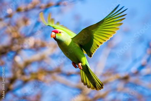 Flying big green ringed or Alexandrine parakeet (Psittacula eupatria) green forest in background. 