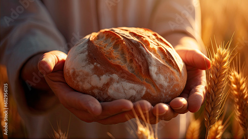 Hands hold bread against the background of a wheat field. Generative AI.