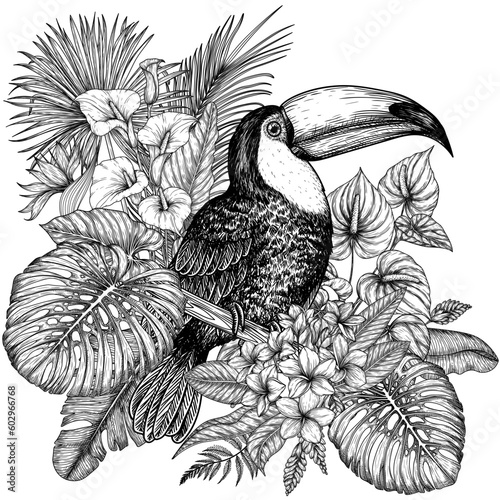 Vector illustration of a toucan bird in a tropical garden in an engraving style. Anthurium, palm and banana leaves, liviston, plumeria, zantedeschia, monstera, strelitzia