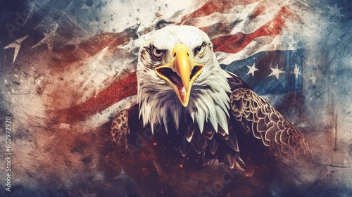 American eagle on the background of the flag of the United States of America. Generative AI.