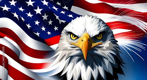 Eagle on the background of the American flag. Generative AI.