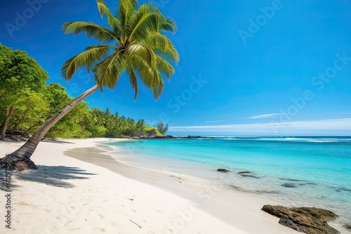 Beautiful stunning beach summer concept with chair white sand and blue skies. Generative AI