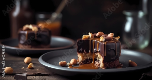 Beautiful tasty chocolate dessert with nuts and caramel on plate for modern menu