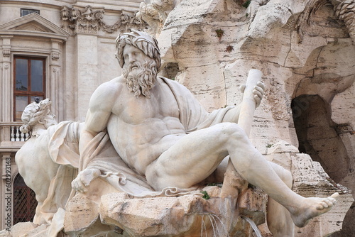 Four Rivers Fountain Detail with Statues of the River Ganges in Rome, Italy