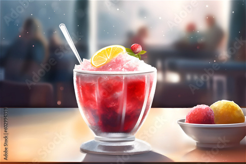 Illustration of strawberry frozen granita in a glass with lemon wedge and mint leaves. Cafe or restaurant. Traditional Italian or Sicilian summer dessert with ice. Sunlight and glare. Generative AI