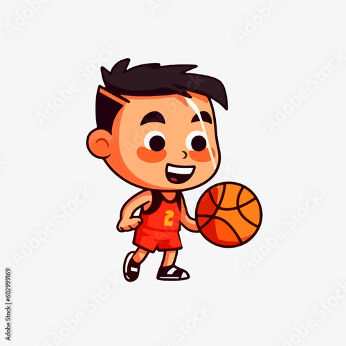 Physical Activity, Cartoon Vector Illustration of a Young Boy in Basketball Action