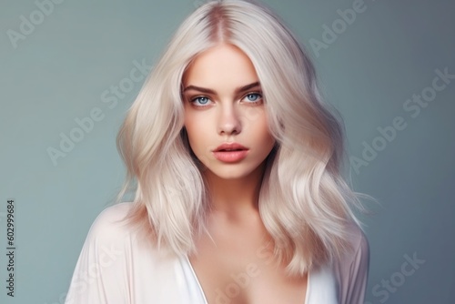 Beautiful girl hair coloring in ultra blond. Stylish hairstyle curls done in a beauty salon. Generative Ai.