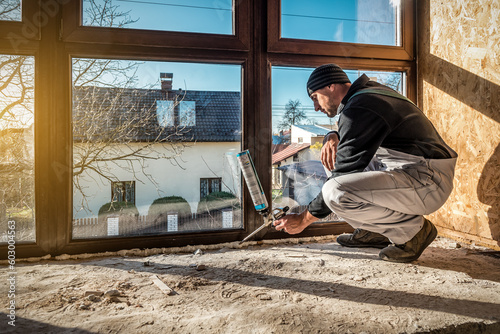 Worker is applying polyurethane foam to fill gap between sash and window frame