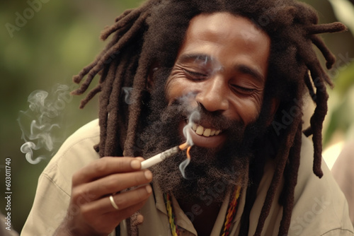 Happy rastafarian man smoking marijuana. AI 