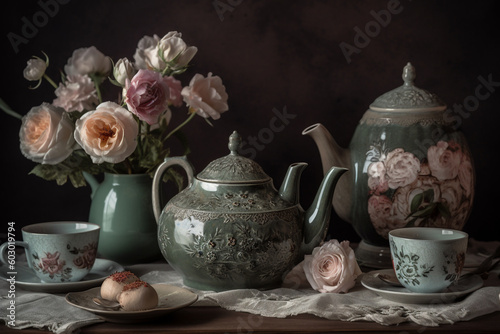 A vintage floral tea pot design with delicate roses and blossoms in muted tones, evoking a sense of nostalgia and romanticism Generative AI