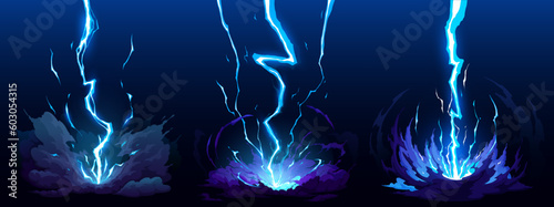 Cartoon blue lightning thunder and storm thunderbolt strike, vector thunderstorm bolts. Cartoon electric flash effects and lightning sparks background with energy charge or anime magic blast explosion