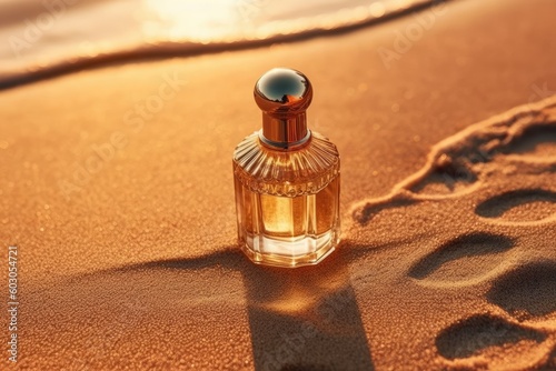 elegant perfume at a beach at the golden hour