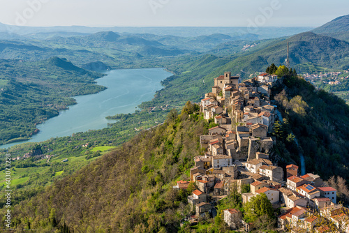 Panoramic view of Monteferrante and Lake Bomba, beautiful village in Chieti Province, Abruzzo, central Italy.