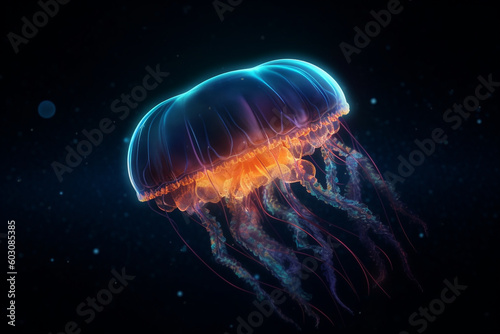 Nature concept. Colorful jellyfish floating in space or dark water. Generative AI