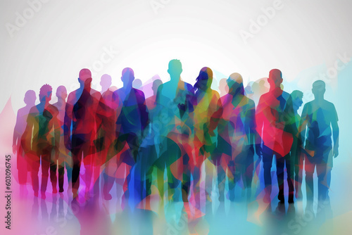 Abstract group of crowded colorful people illustration. Mob of people. Pulse of the Crowd. Confusion of people. Multiple colored. Generative AI