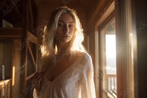 A stunningly beautiful blond woman, with white sheer lace nightgown standing in a wooden chalet. Generative AI