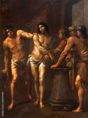 NAPLES, ITALY - APRIL 22, 2023: The painting of Flagellation in the church Pieta dei Turchini by Andrea Vaccaro (1650 - 1674).