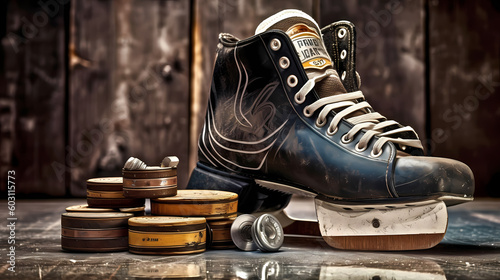 Hockey puck and skates. AI Generative