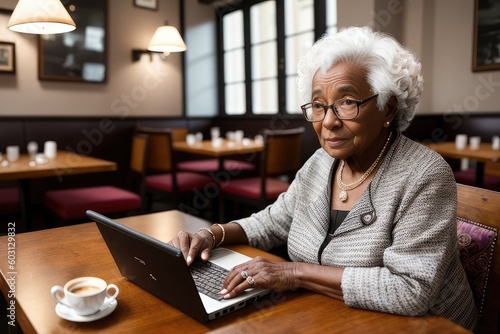 Elderly woman is working hard at laptop, sitting at table in cafe. Concept of remote work for old people, training, online part-time jobs. Generative AI