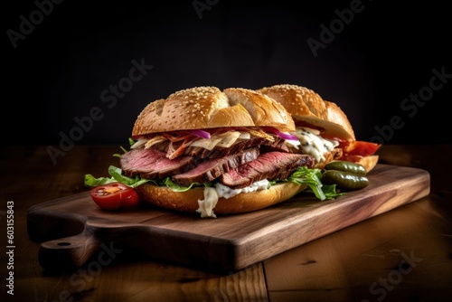 roast beef sandwich on a wooden board, generative ai