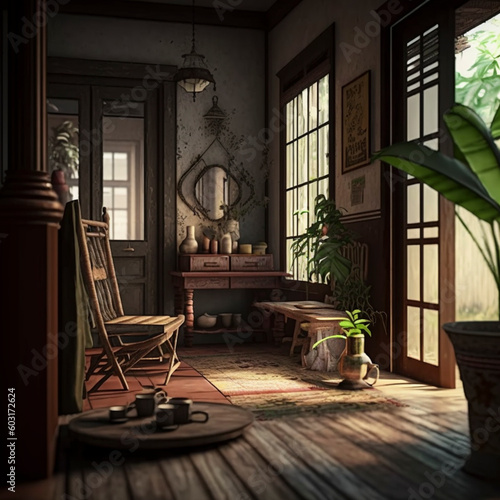 Illustration of a interior design village malay house concept and vintage malay concept