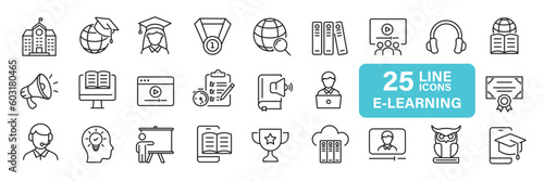E-learning, education, online school, webinar thin line icons. Editable stroke. For website marketing design, logo, app, template, ui, etc. Vector illustration.
