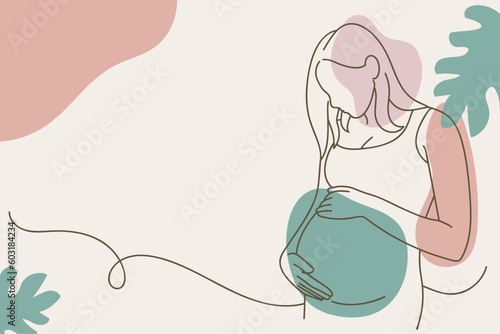 Pregnant woman holding her belly. Vector line art illustration in pastel beige colors