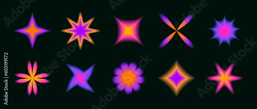 Y2k soft neon gradient flowers and stars set. Blurred flower aura collection. Colorful abstract trendy elements for logo, templates, badges, stickers, collages. Vector pack 