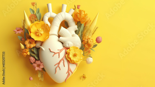 Heart organ with blooming flowers isolated, health and disease concept, AI Generated banner in 3d style