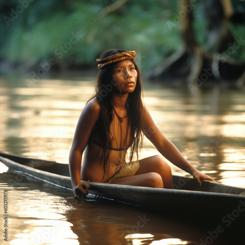 a young indian girl on a canoe in the amazon rainforest - generative ai
