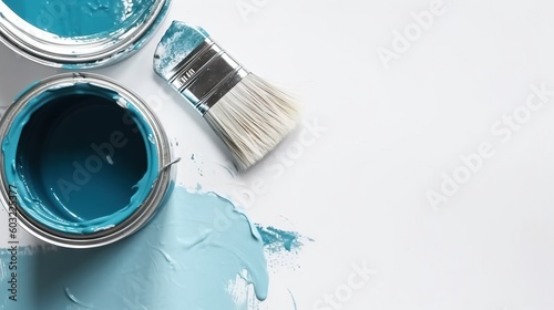  a blue paint can and a white paint can with a brush. generative ai