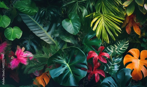 many brightly colored tropical plants are on a black wall