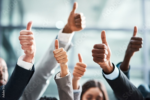 Success, thumbs up and teamwork of people with thank you, support or group hands for vote, yes or like emoji. Great, ok and business women, men or winner with team work, thanks or winning sign in air