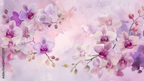  a painting of purple and white orchids on a pink background. generative ai