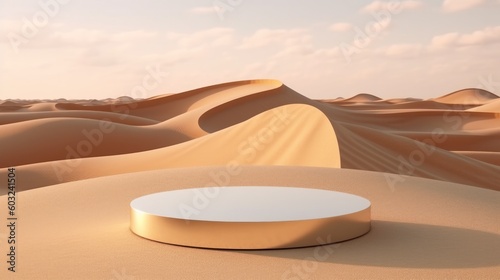 Empty circular marble podium in middle of sand dunes background, minimalist concept. Generative AI.
