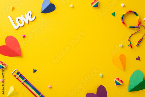 A top view flat lay of Pride-themed accessories, including wristlets, badges, hearts, and a rainbow colored bracelet, is showcased on a vibrant yellow background with an empty space for text or ad